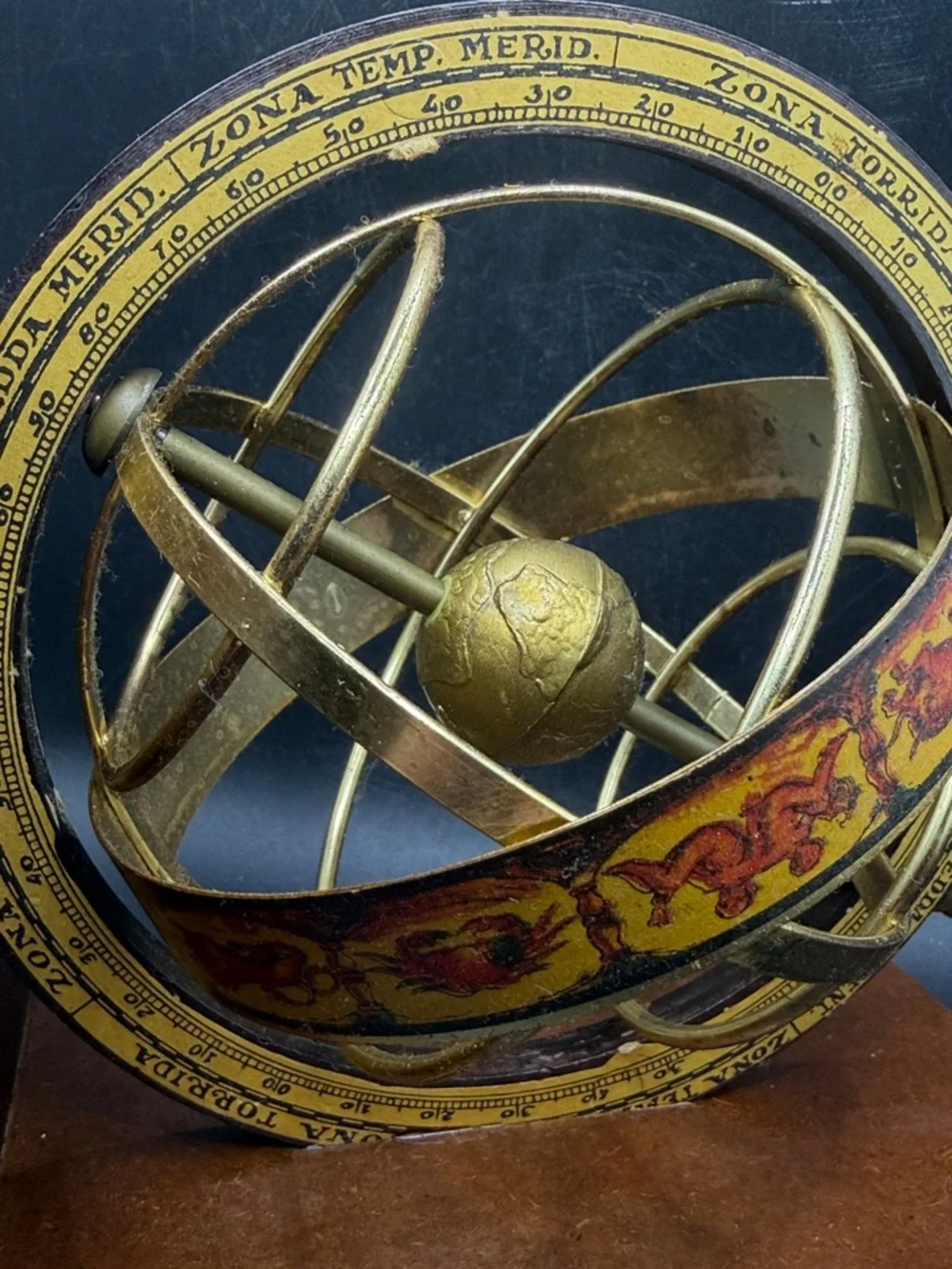 Vintage Italian Brass Armillary Sphere Zodiac Climate Zones Wooden Base Bookend